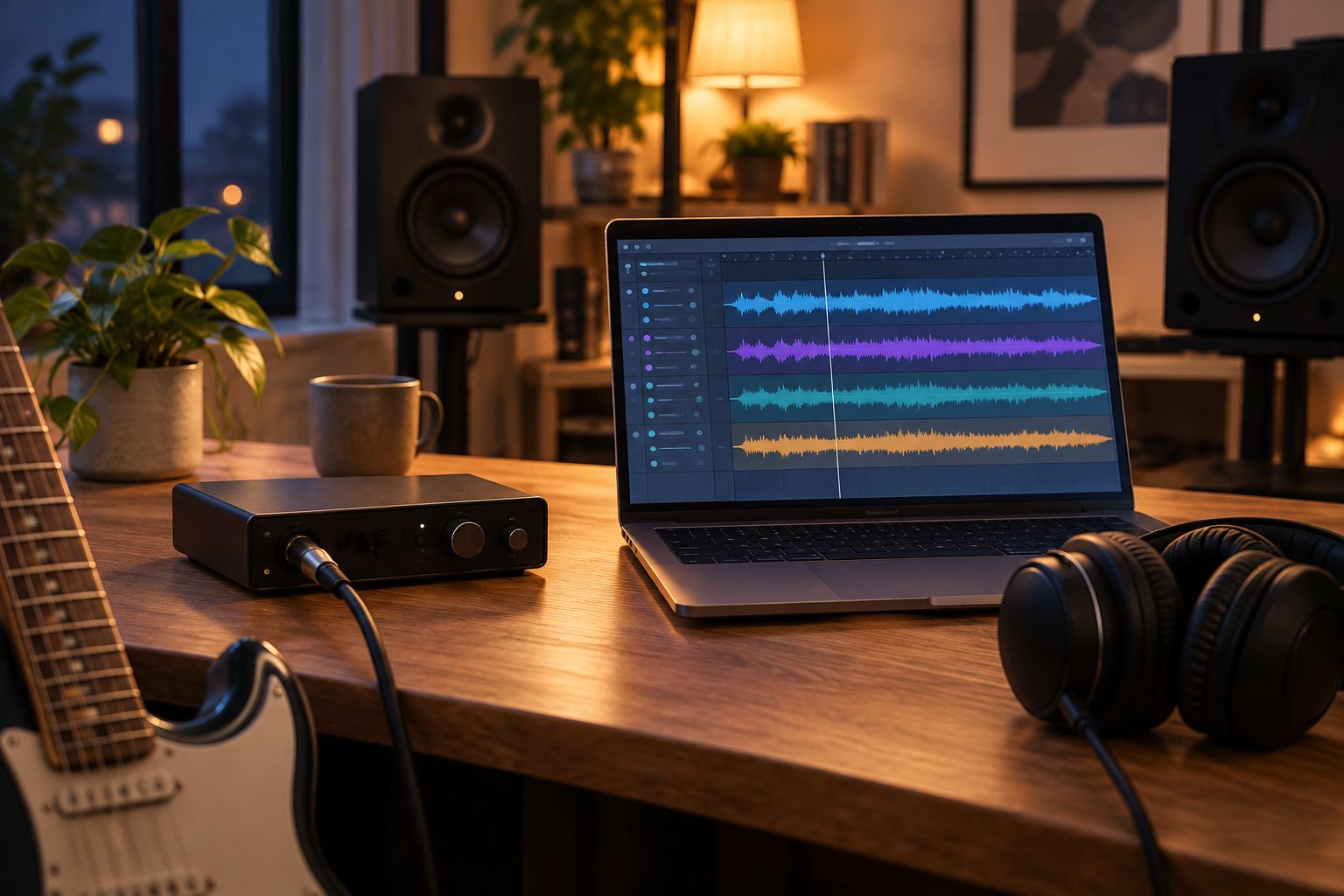 Home studio desk with a guitar DI'd into an audio interface for amp sim tone shaping