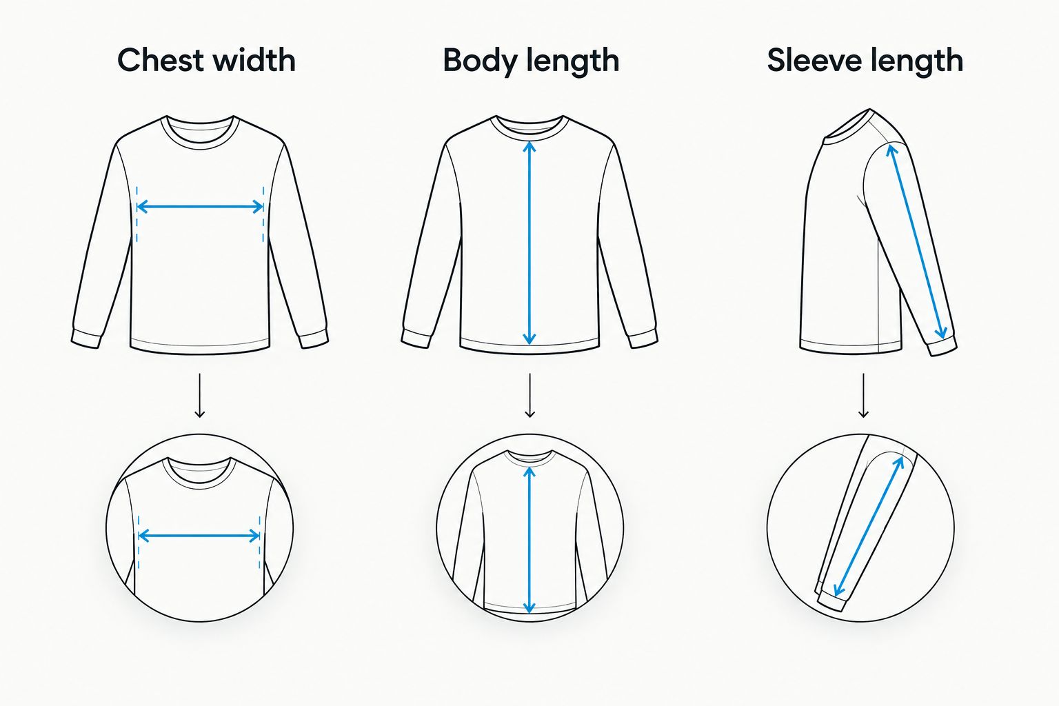Three hoodie fit checks: chest width, body length and sleeve length