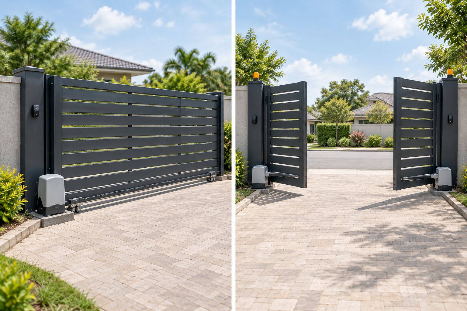 How Much Does It Cost to Automate a Manual Gate? 2 Sliding gate track and rollers beside a hinged swing gate with clear opening space