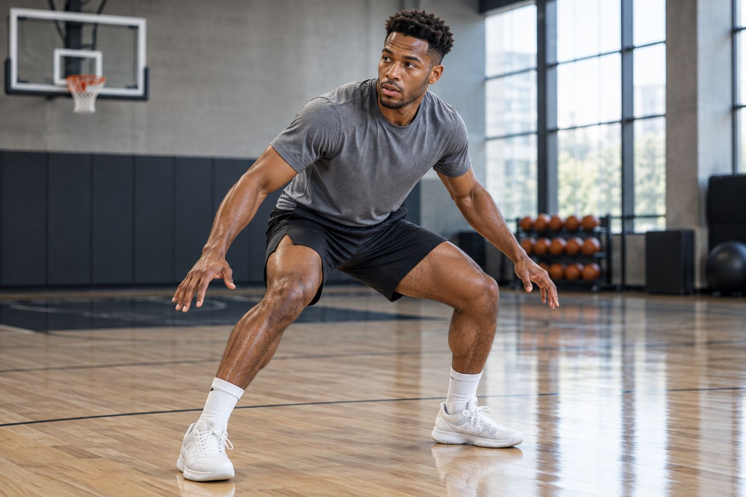 Basketball player checking shorts and shirt fit in a low defensive stance