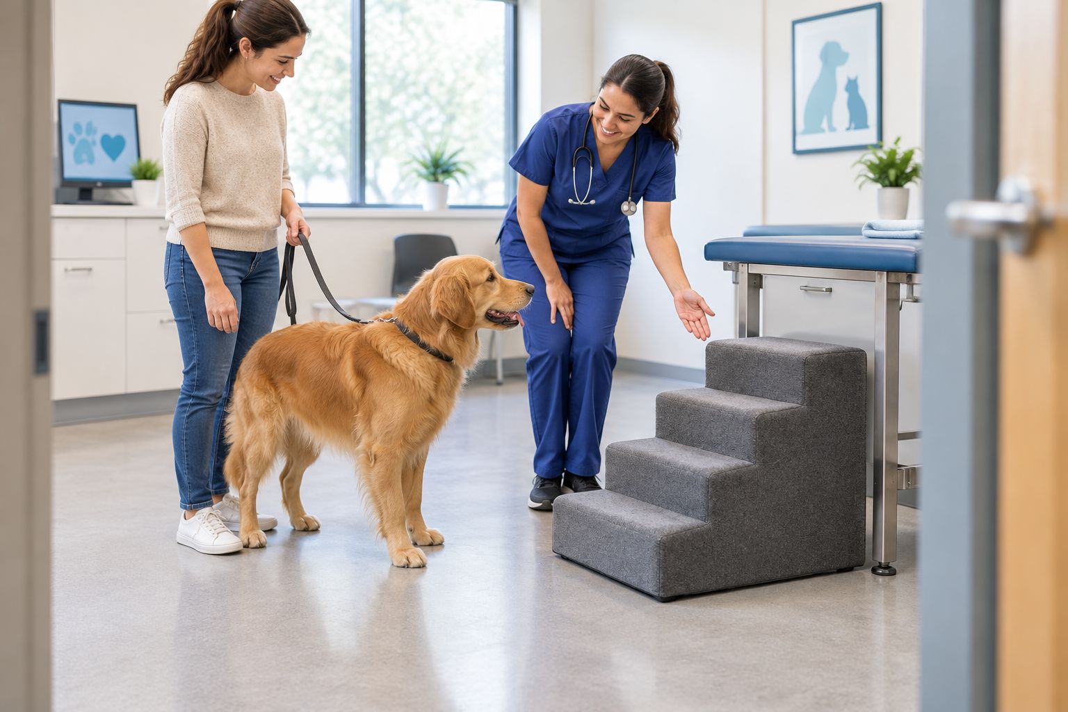 Unbranded pet steps beside a low examination surface with a clear approach for a dog
