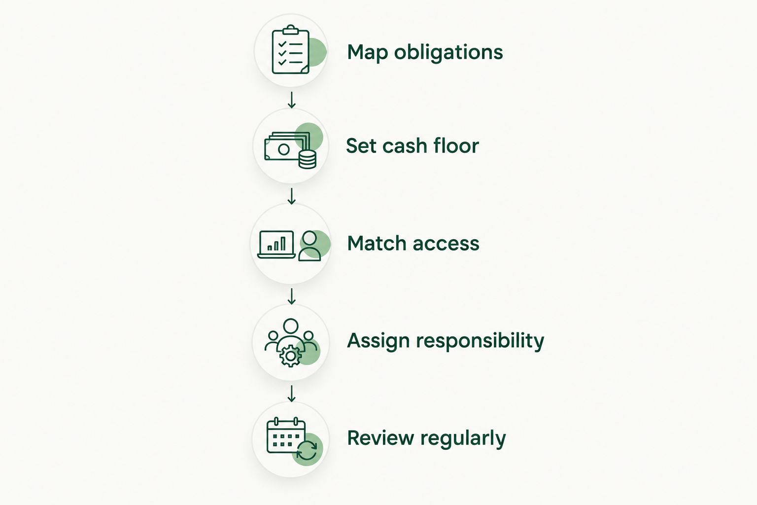 Treasury decision sequence from mapping obligations to reviewing the cash plan