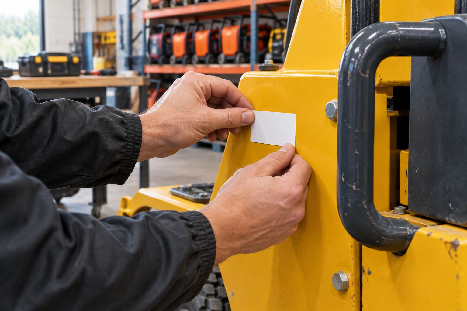 Worker applying a blank equipment label to a flat painted metal panel.