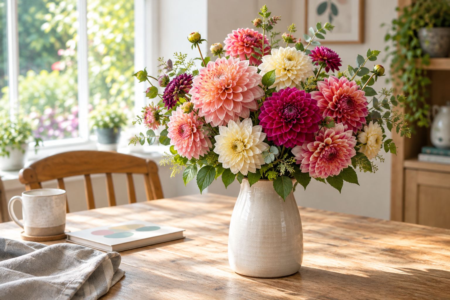Dahlias with rounded and layered petals arranged together in a plain vase