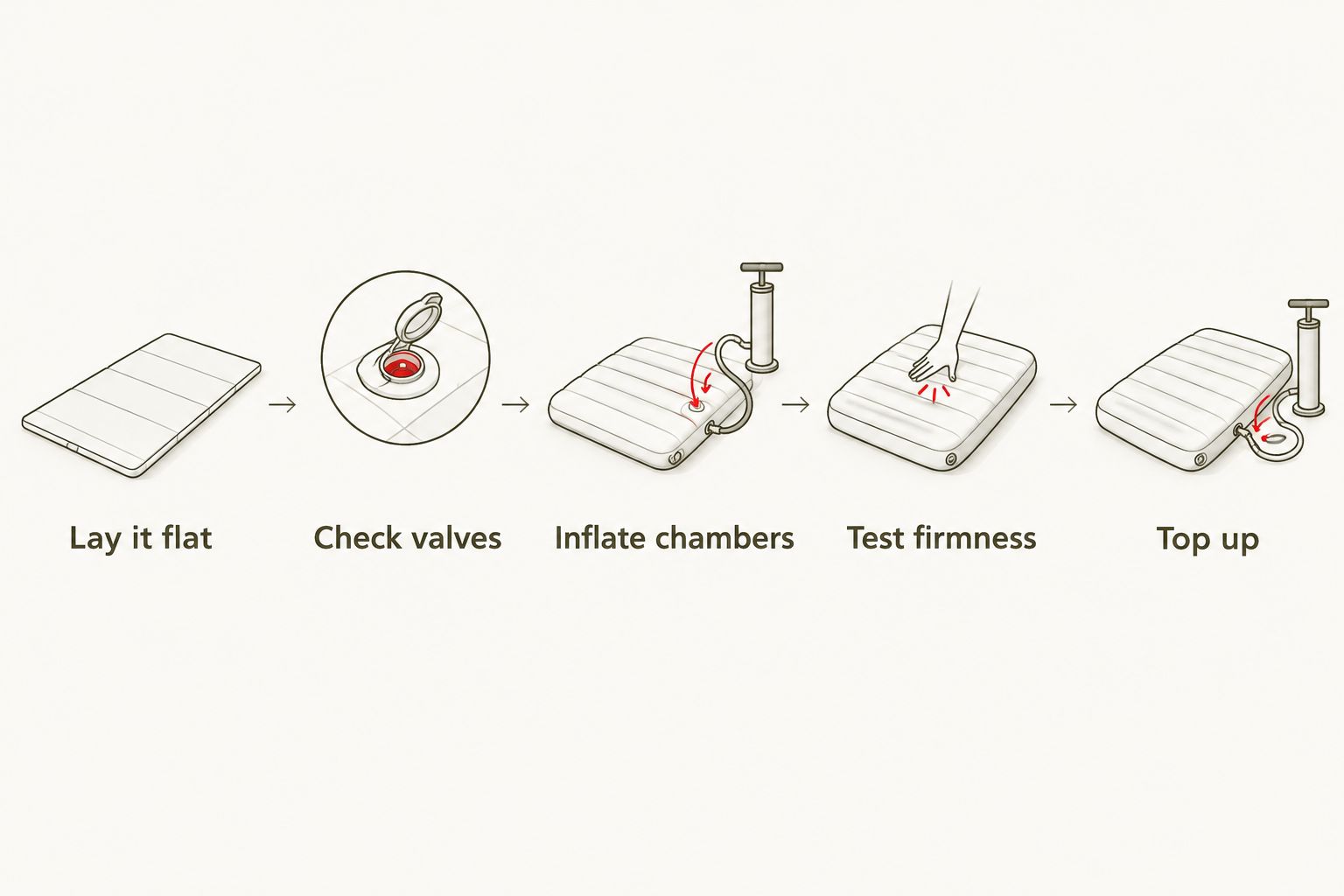 Five steps from laying the kayak flat to topping up pressure