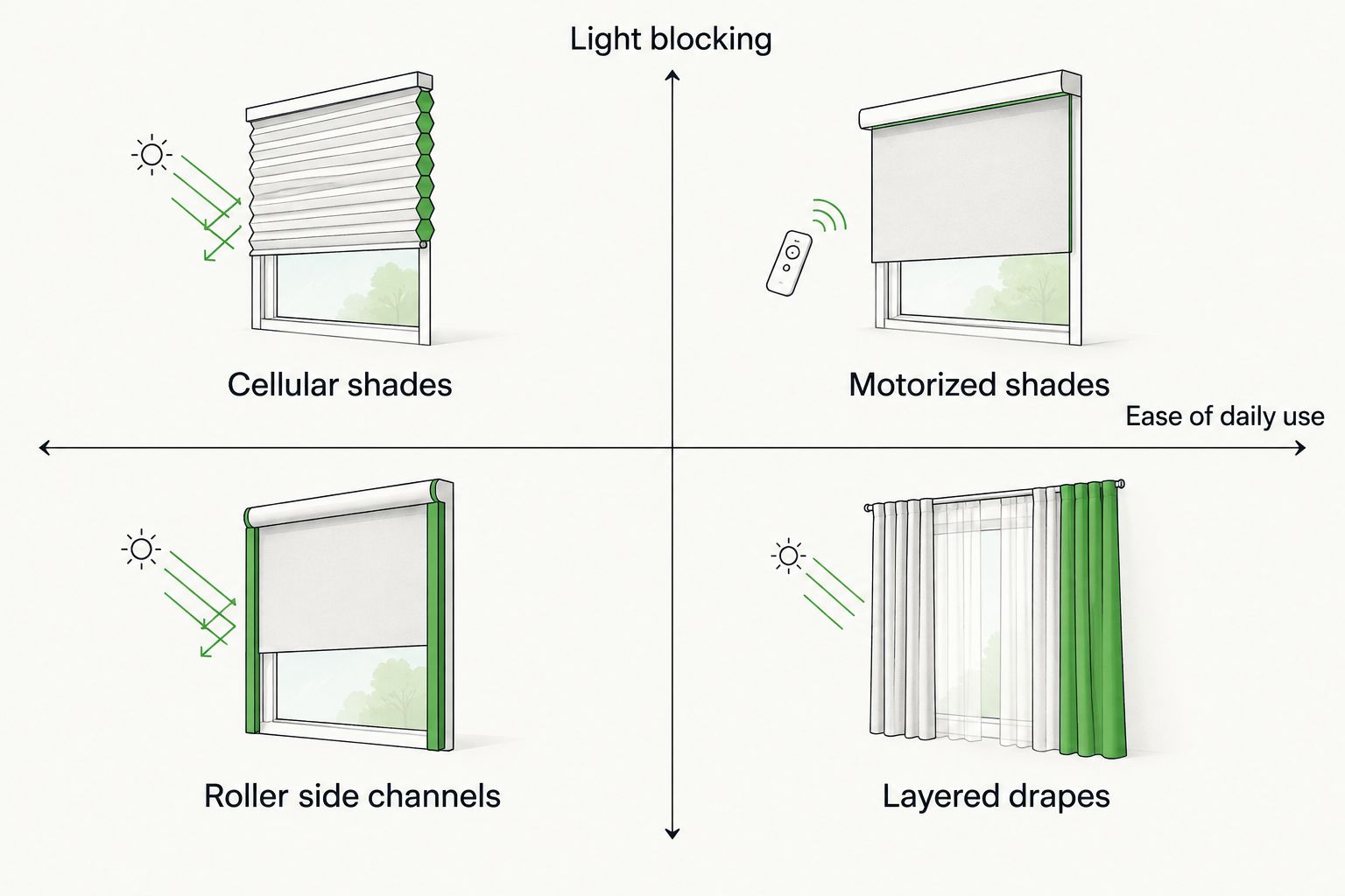 2x2 matrix comparing light blocking and ease of use across blackout shade types