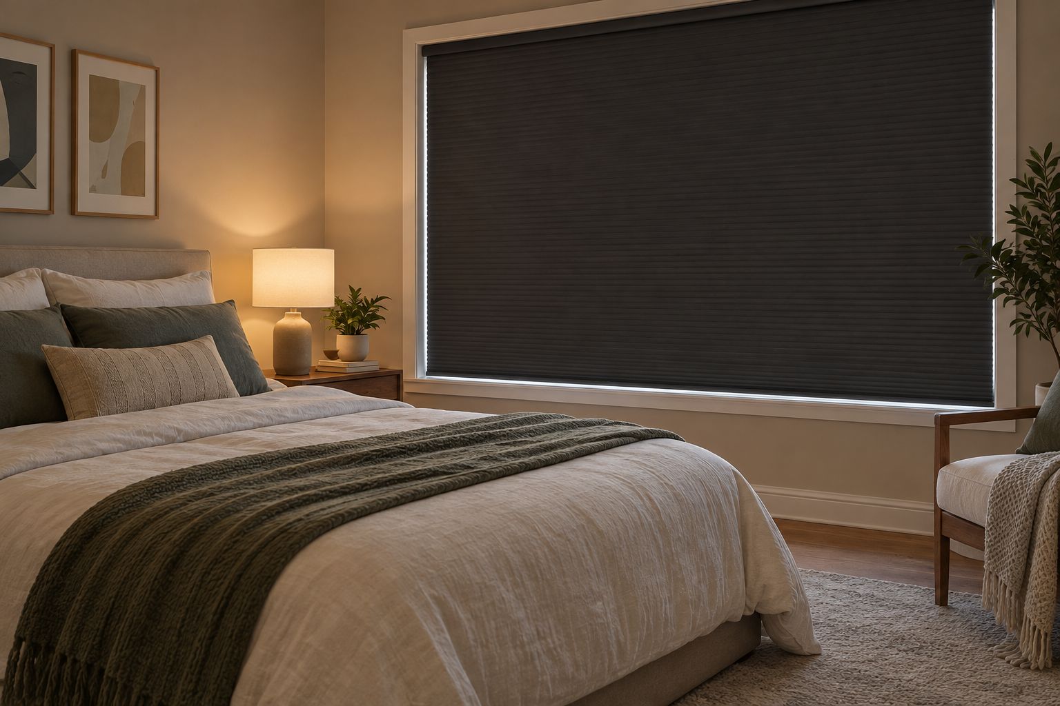 Bedroom window with a lowered honeycomb cellular blackout shade