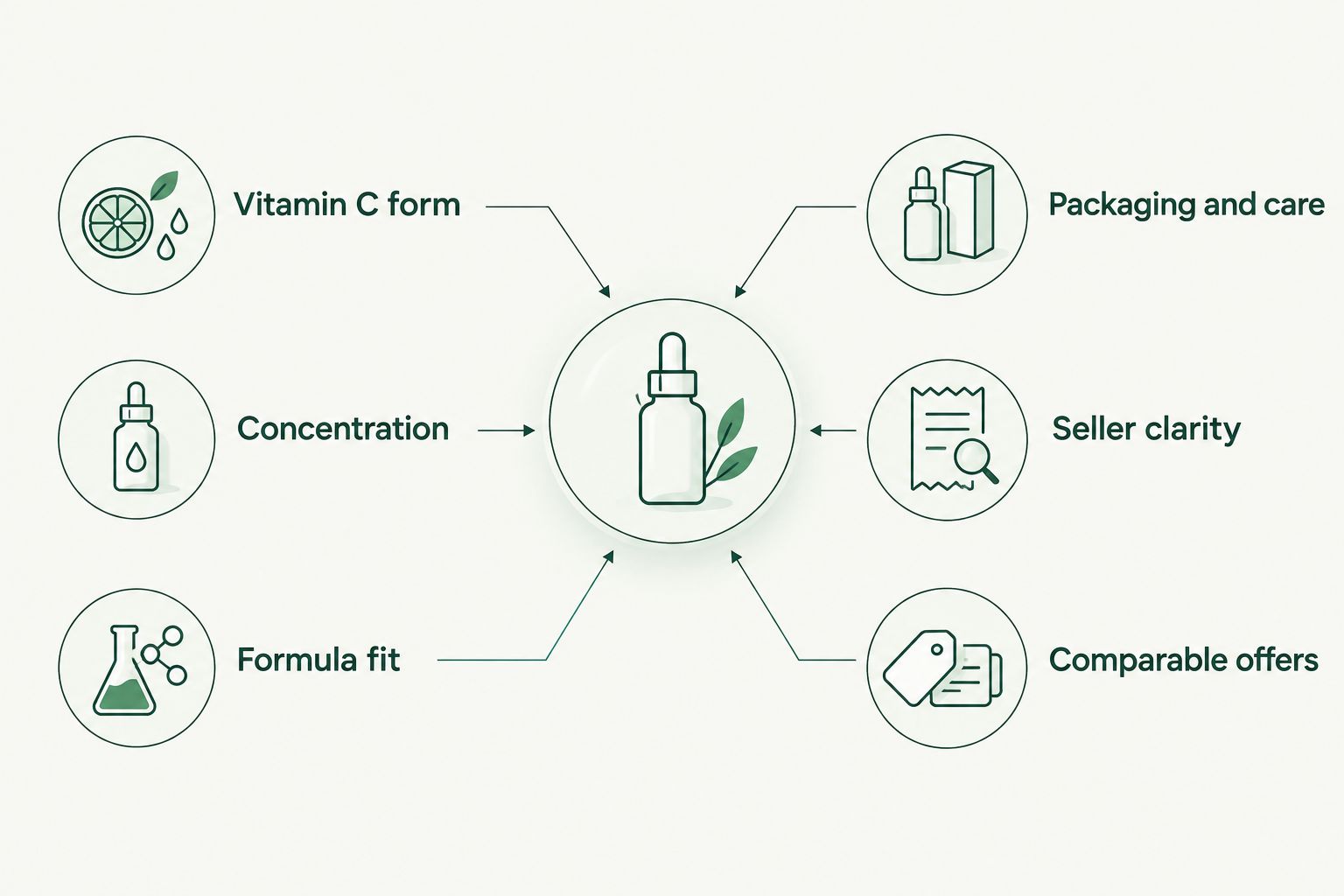 Two columns separate vitamin C formula checks from packaging, seller, and offer checks.