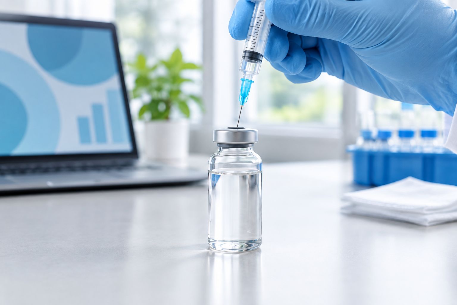 Gloved hand positioning a syringe above a multi-dose vial septum in a lab setting