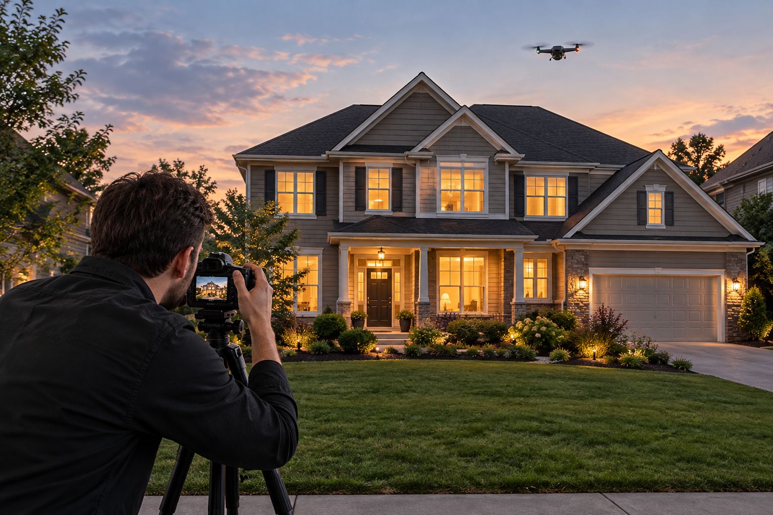 Photographer capturing a twilight exterior shot of a suburban house with a drone overhead