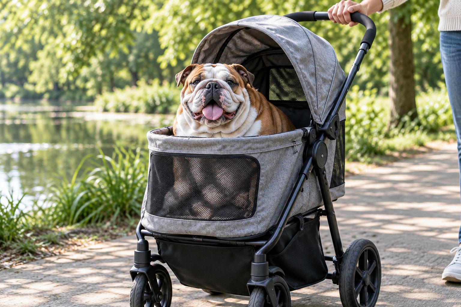 English Bulldog resting inside a mesh-ventilated pet stroller on a sunny walk