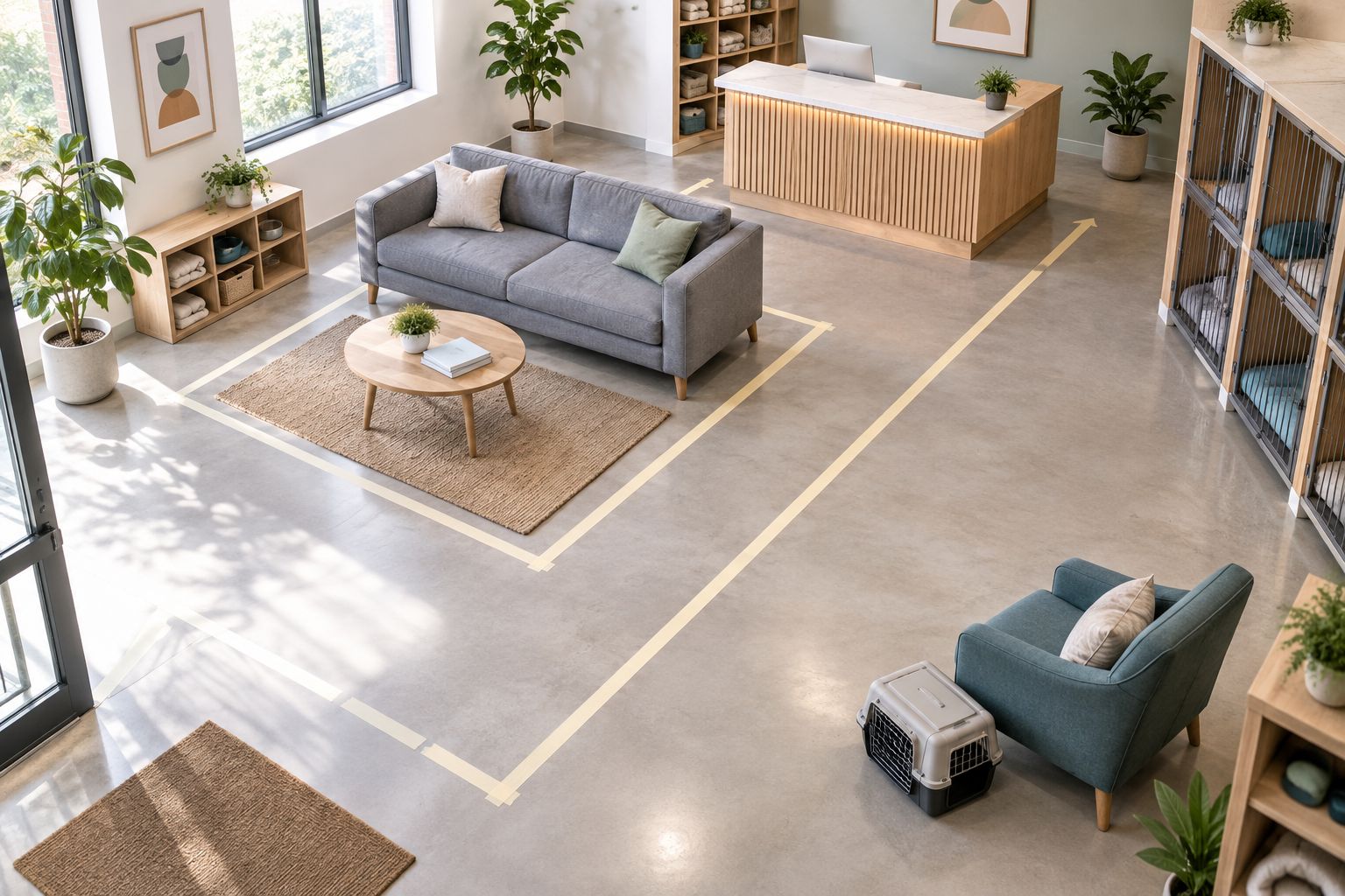 A marked sofa footprint in a boarding reception room with clear routes around a pet carrier