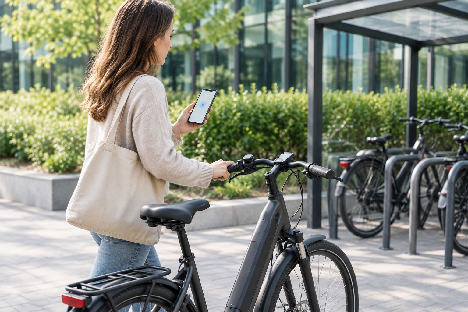 Een fietseigenaar test buiten veilig een bewegingsmelding met de eigen elektrische fiets