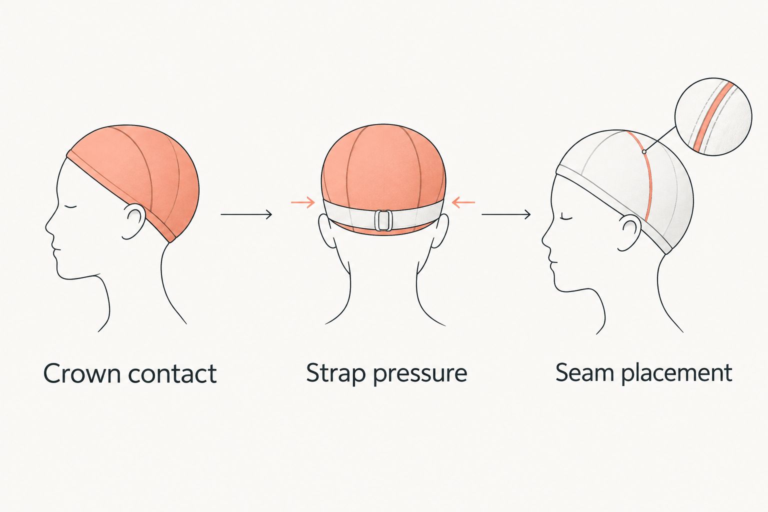 Three durag fit checks covering crown contact, strap pressure, and seam placement