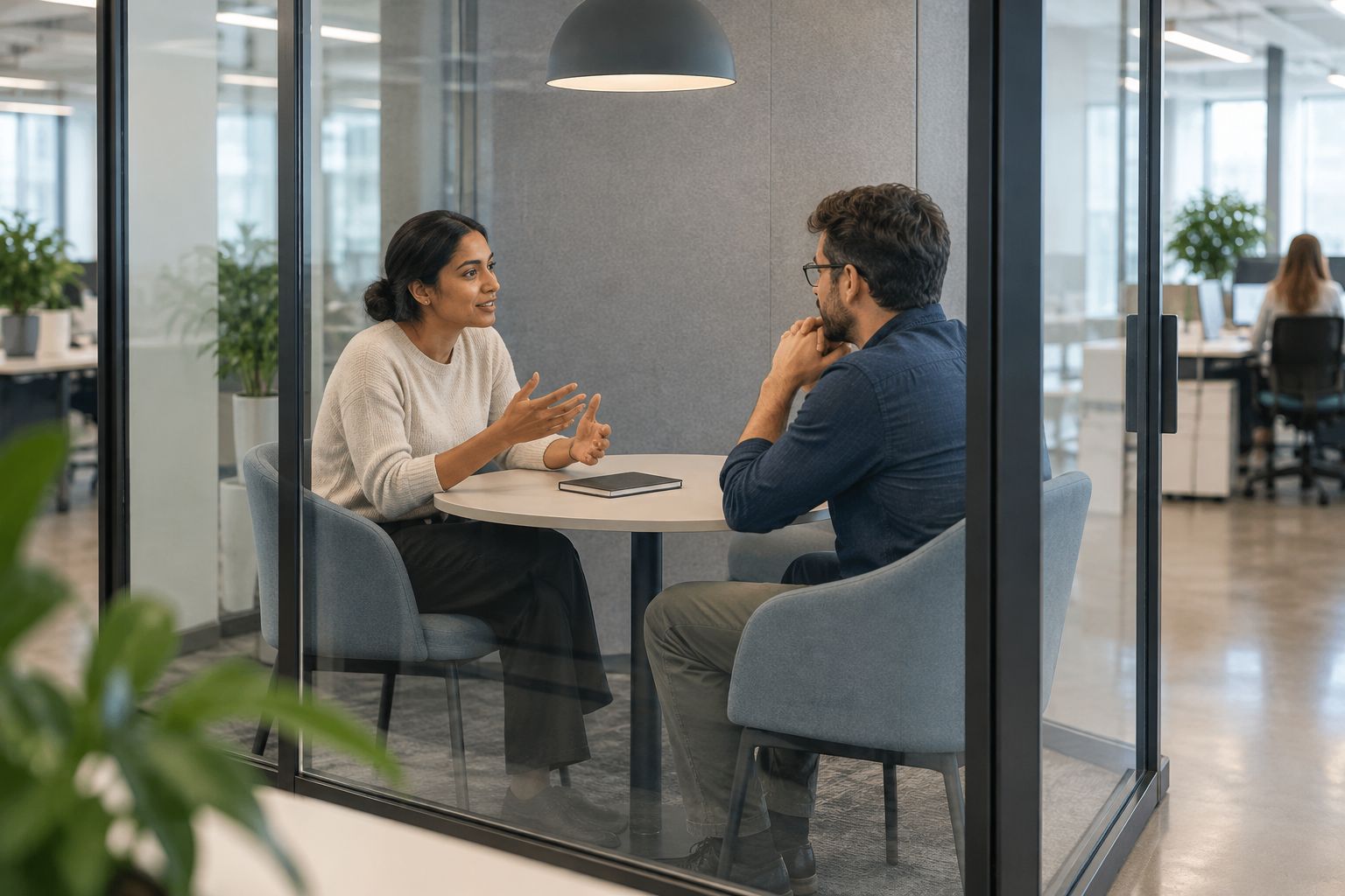 Two colleagues having a private conversation in an enclosed meeting space beside an open-plan office