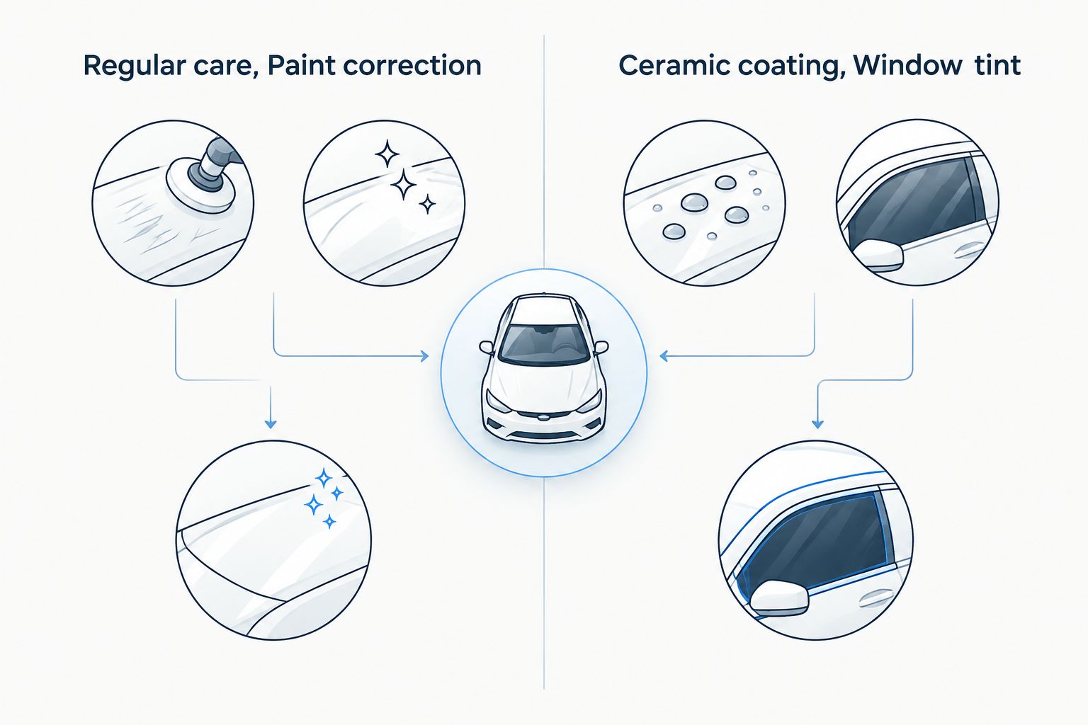 Comparison of regular care, paint correction, ceramic coating, and window tint