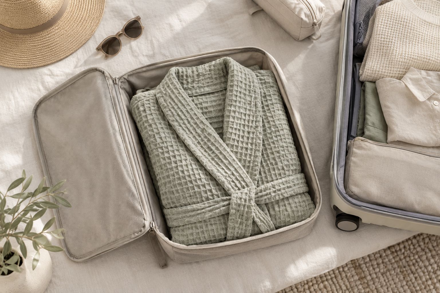 Folded waffle knit robe packed into a travel cube inside a suitcase