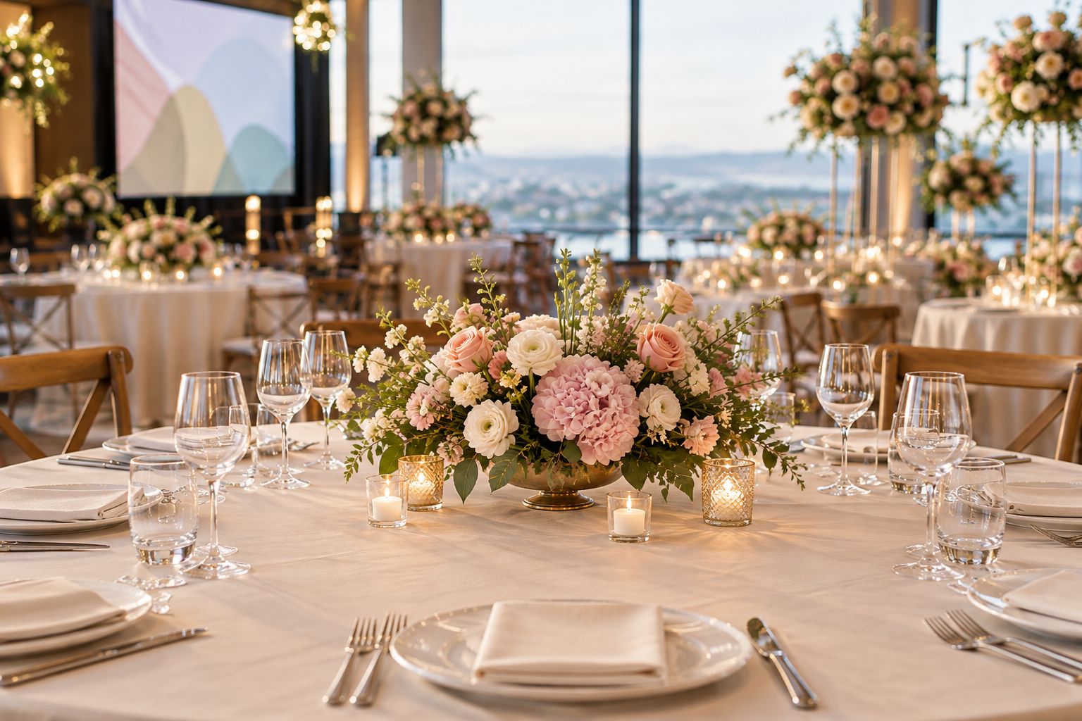Low floral centerpiece on a laid dining table with clear views between place settings.