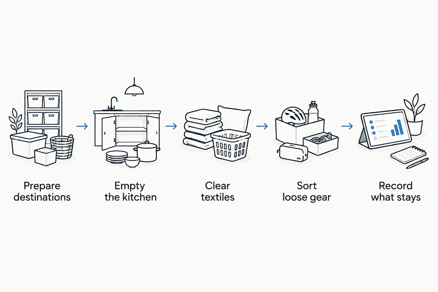RV packing sequence from preparing home storage destinations to recording the equipment left aboard.