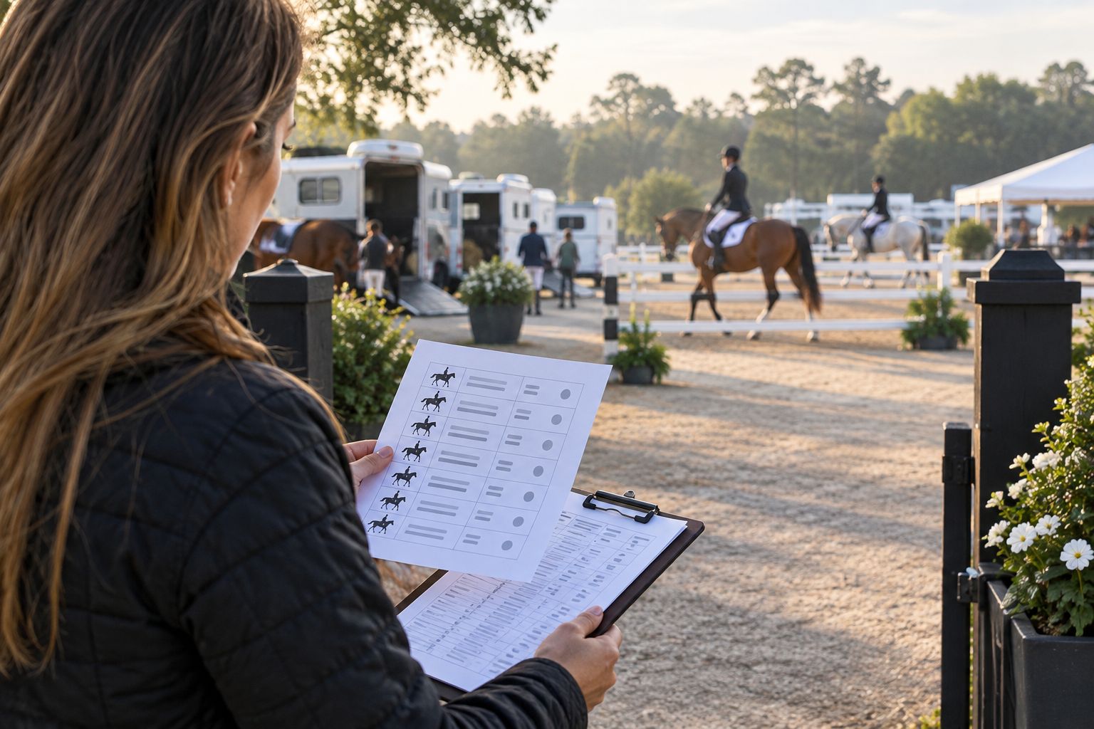 Photographer checking rider numbers at a horse show gate