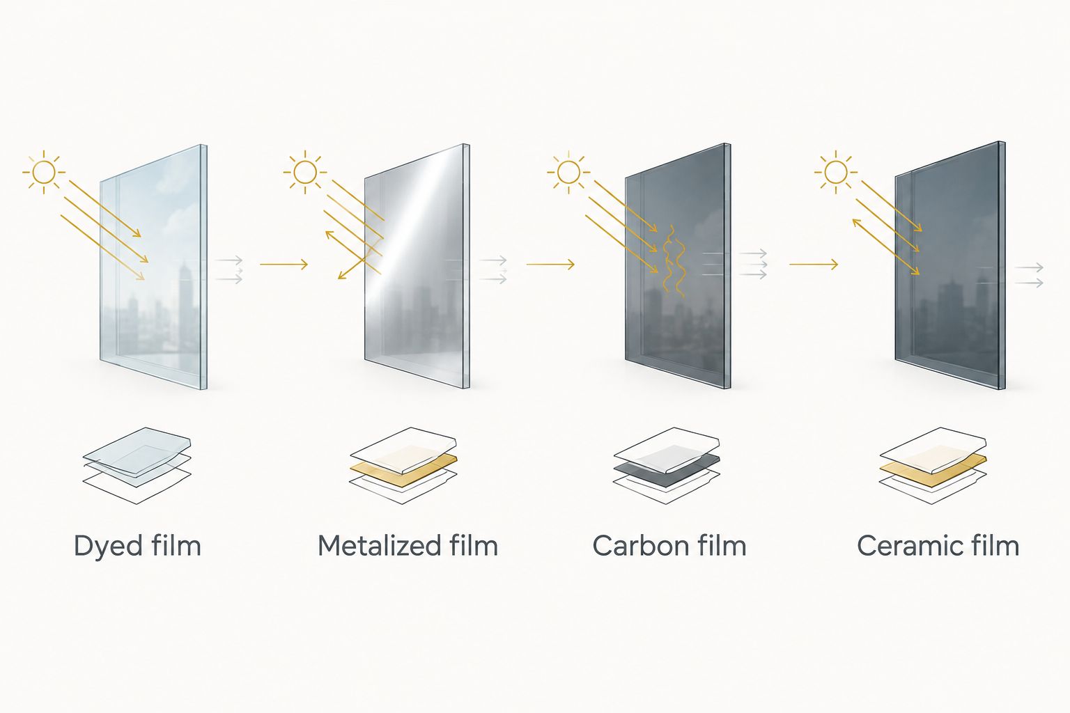 Next powered by EA Detailer Diagram showing the progression of window film technology from dyed to ceramic