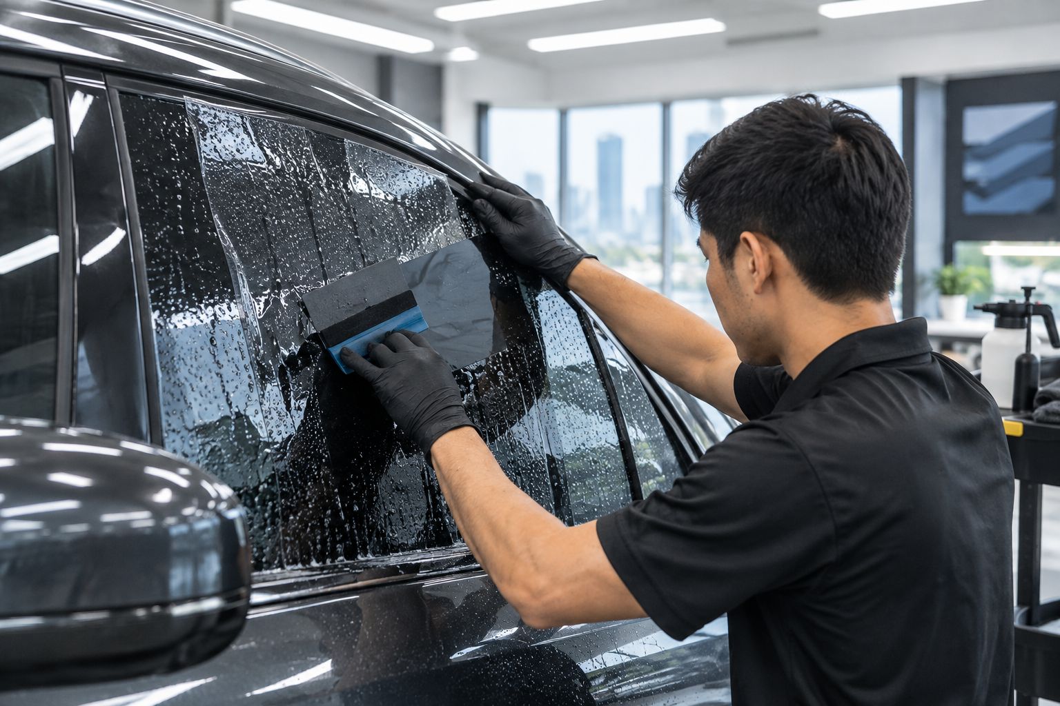 Next powered by EA Detailer Technician applying window tint film to a car window in a detailing bay