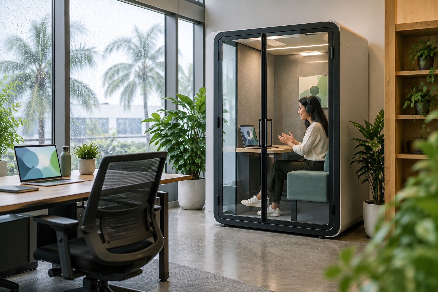 An occupied office booth beside an open-plan desk area