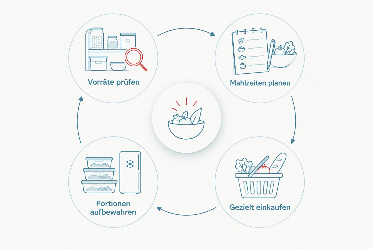 Kreislauf aus Vorräte prüfen, Mahlzeiten planen, gezielt einkaufen und Portionen aufbewahren.