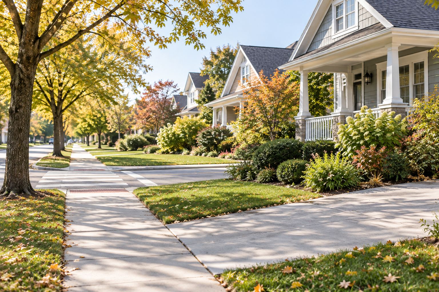 Residential sidewalk showing a street crossing and driveway entrances to check during a neighborhood visit