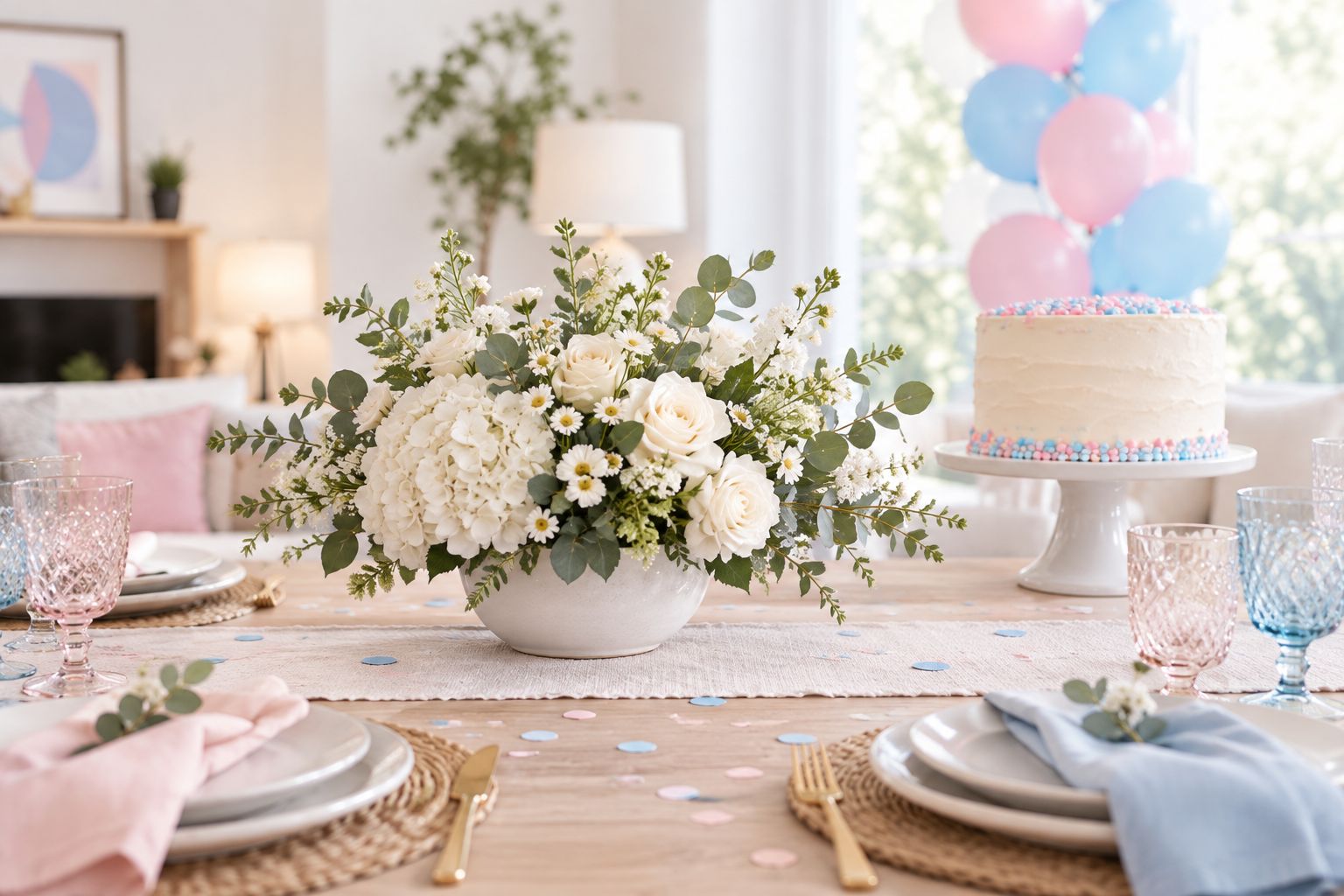 Low white-and-green flowers with clear space for plates and conversation