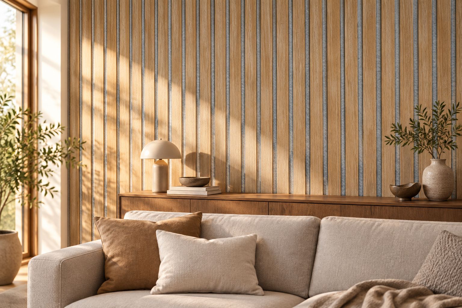 Natural Oak Grey Felt panel installed on a living room feature wall