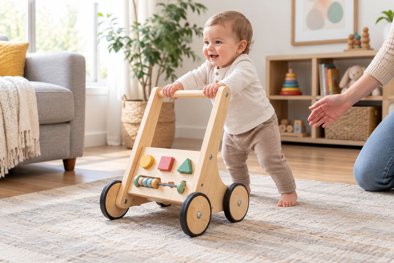 Baby pushing a wooden push walker across a carpeted floor