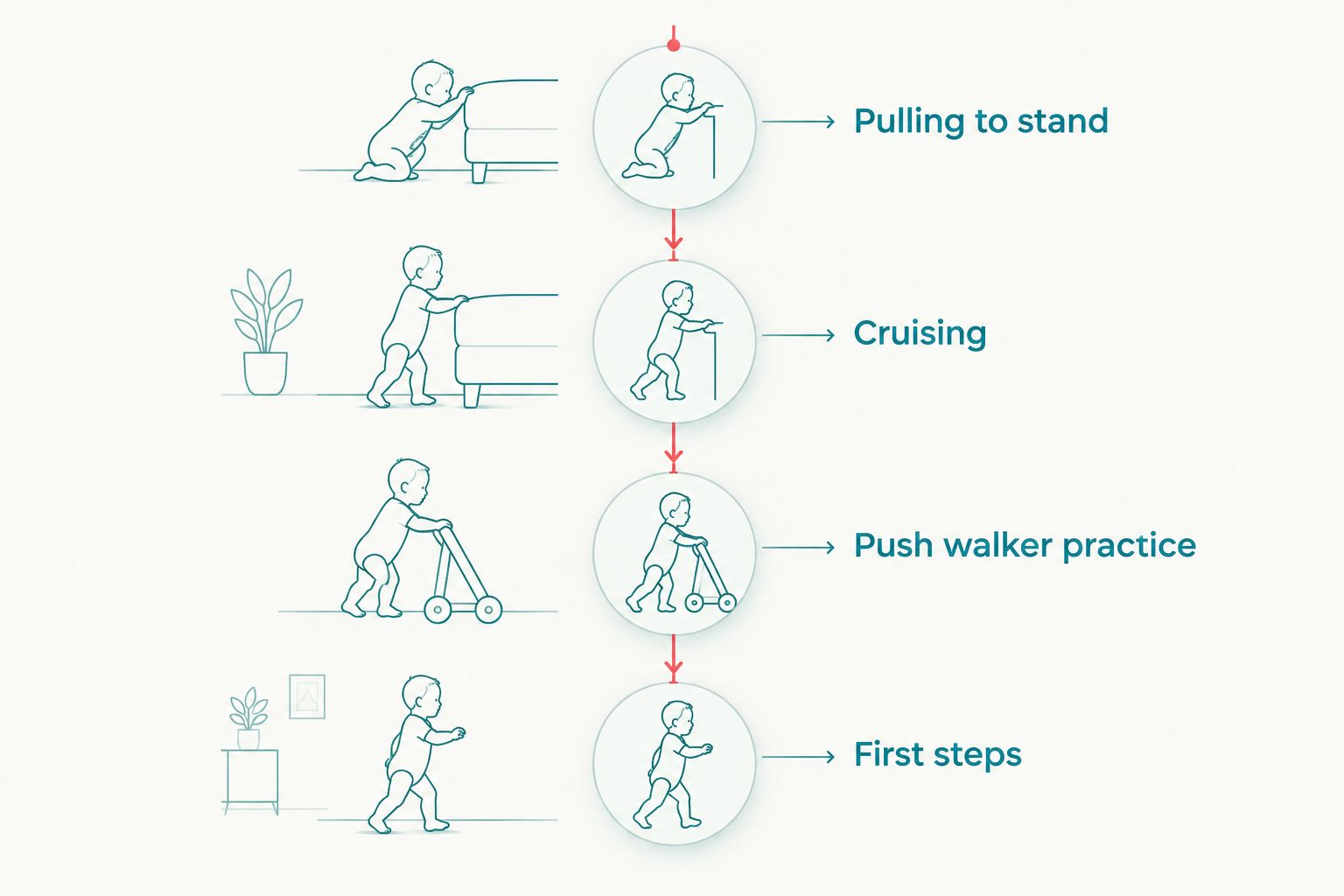 Four-stage timeline from pulling to stand through to first independent steps
