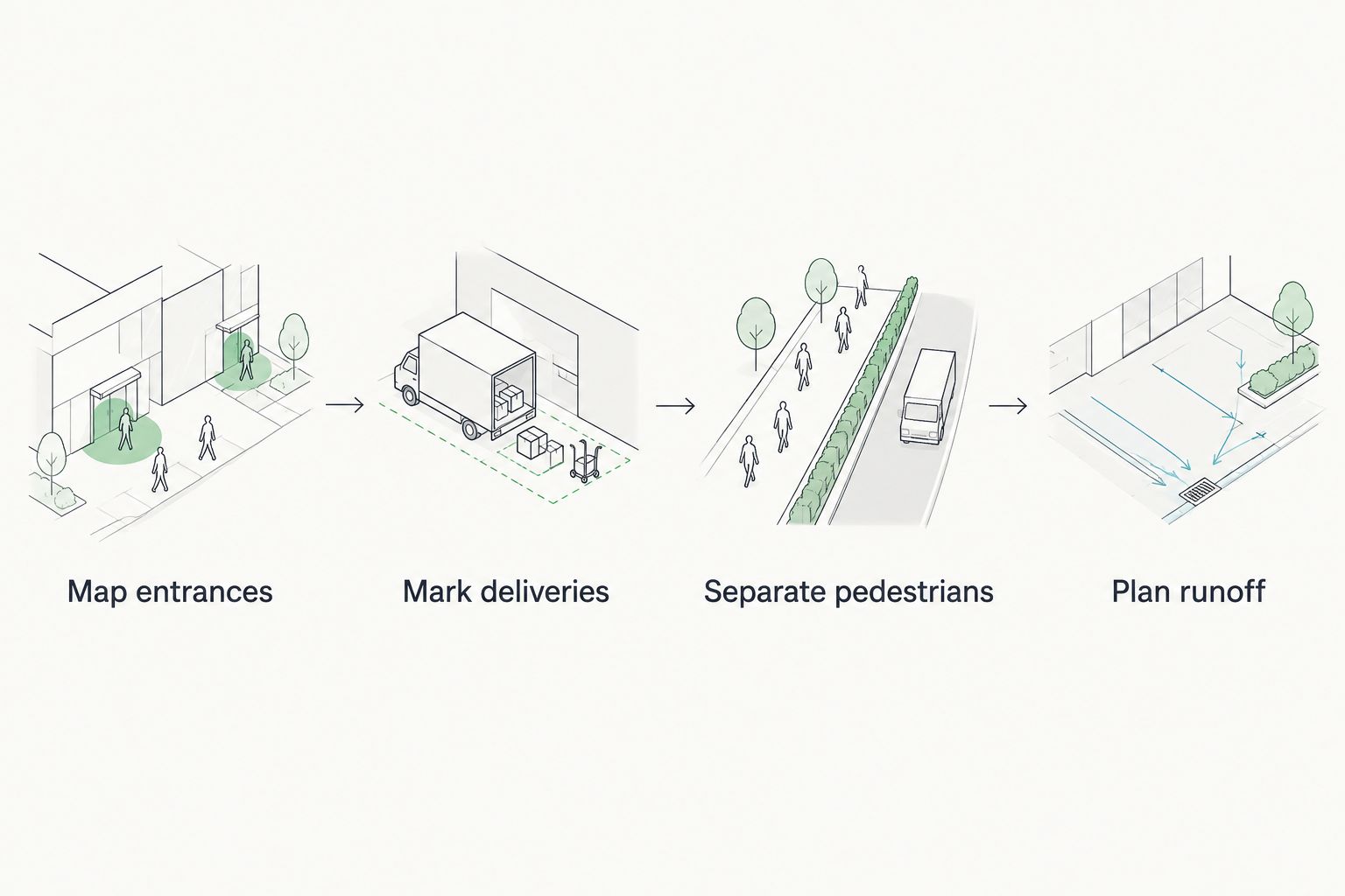 Four-step diagram for planning access and runoff during commercial exterior cleaning