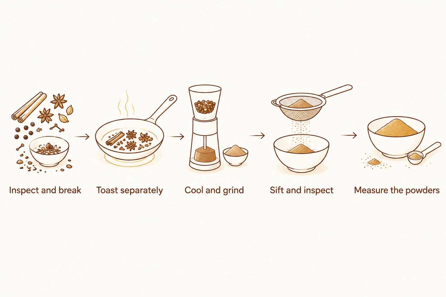 Five stages from inspecting whole spices to measuring a finished five-spice blend