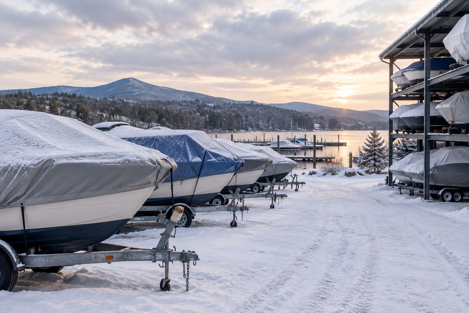 Boats stored on trailers and covered racks at a New England marina in winter