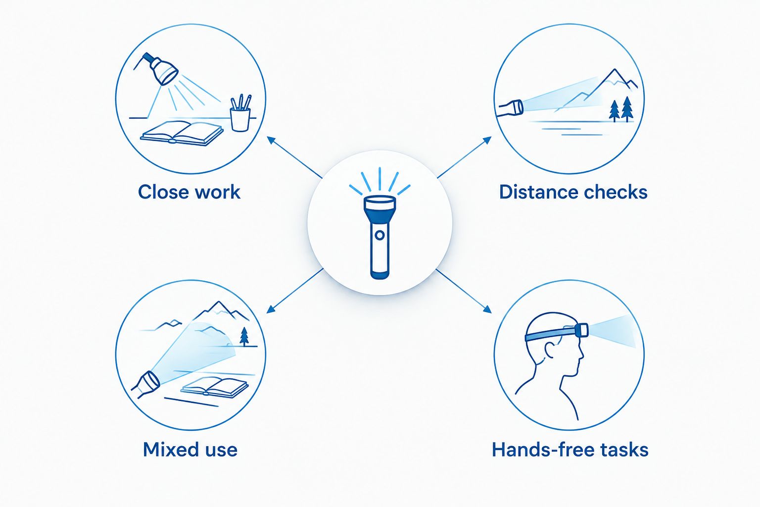 Four torch-selection tasks: close work, distance checks, mixed use and hands-free tasks.