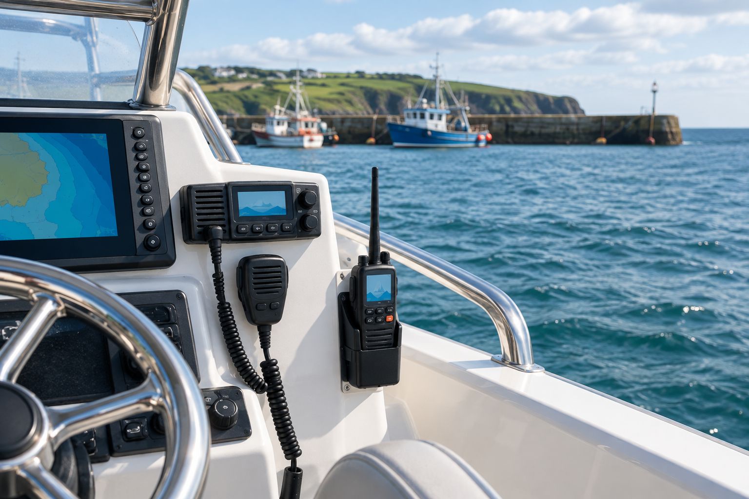 Small fishing boat helm with a fixed marine radio and a separately secured handheld within reach