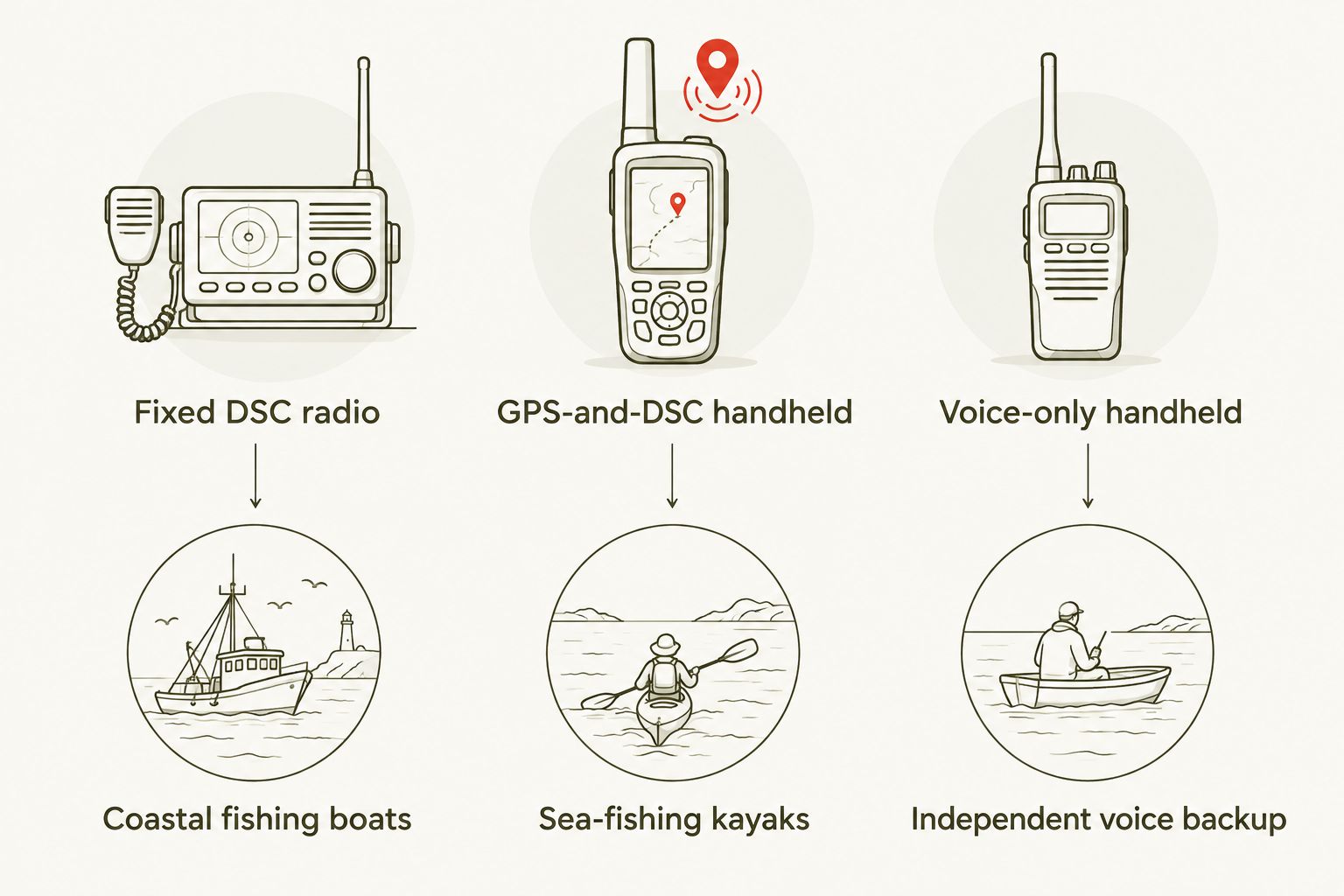 Three marine VHF radio types matched to coastal boats, sea-fishing kayaks and independent voice backup