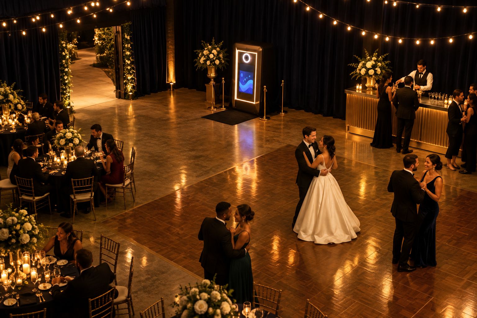 Wedding reception layout with a mirror photo booth and separate bar away from the entrance