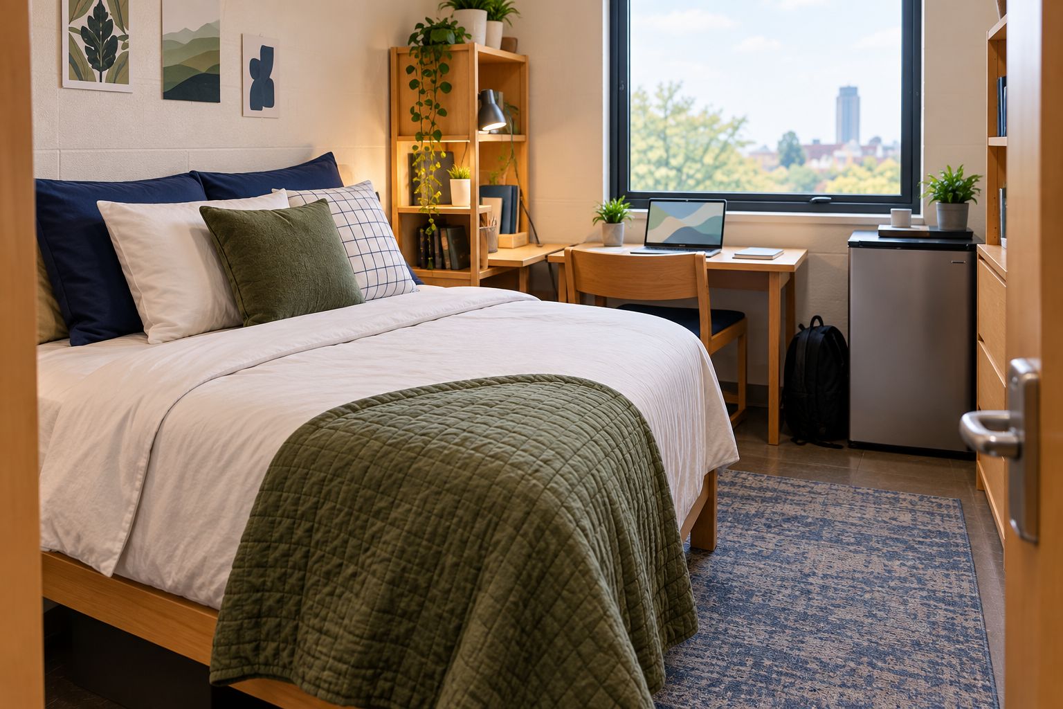 Dorm bed with sheets and a folded quilt layered at the foot