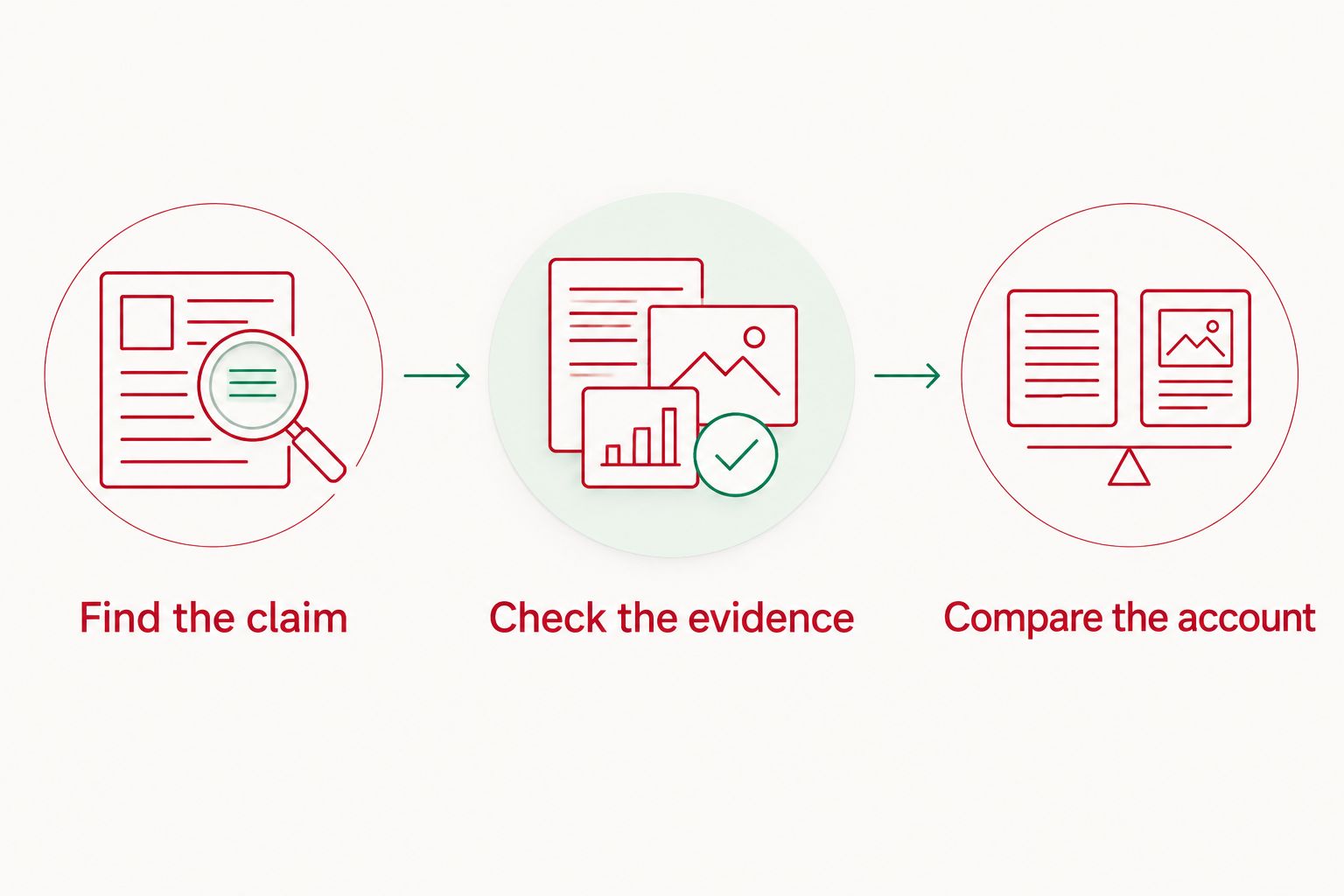 A reading process: find the claim, check the evidence, and compare the account.