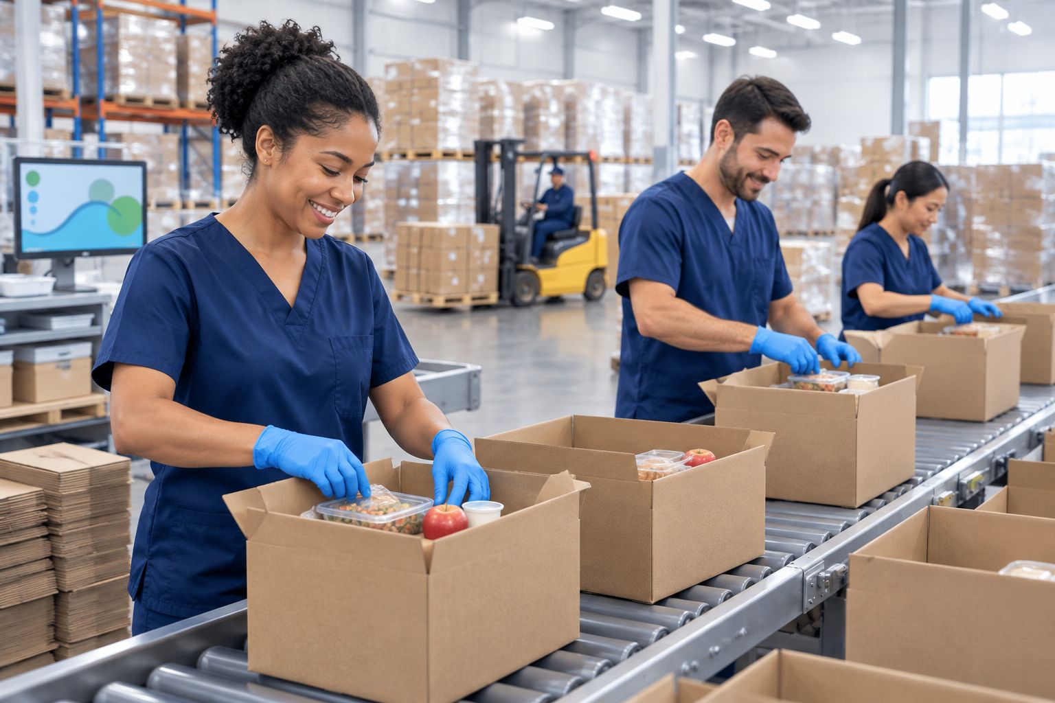 Warehouse workers assembling food kitting boxes on a conveyor line