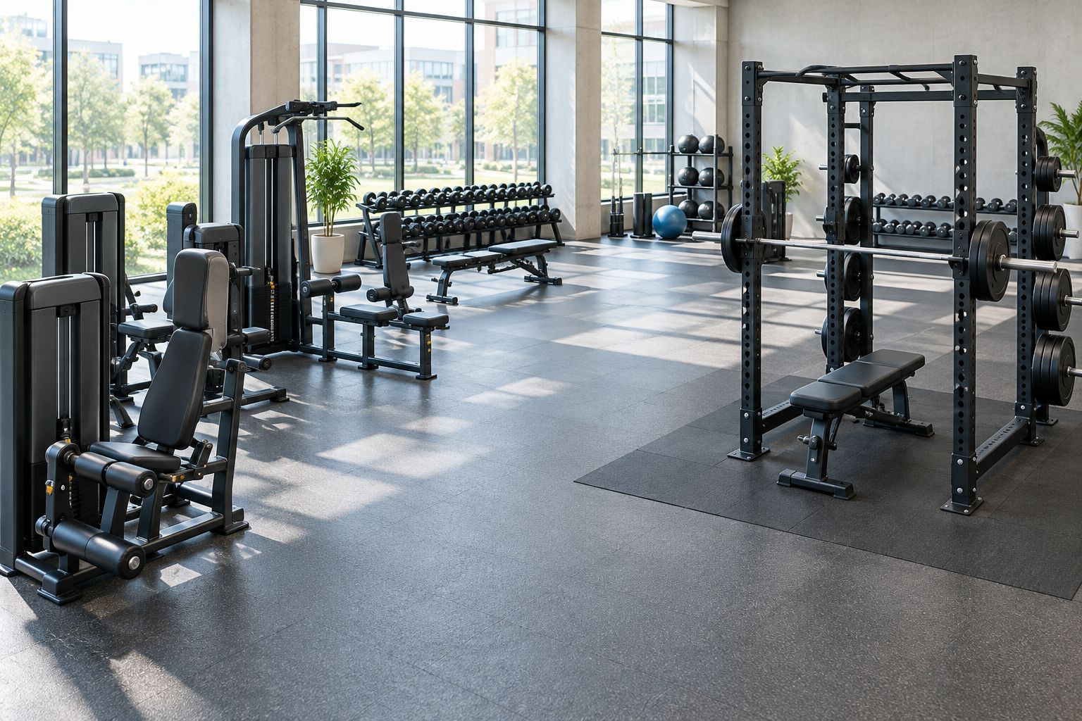 Weight training room with separate equipment areas and open walkways