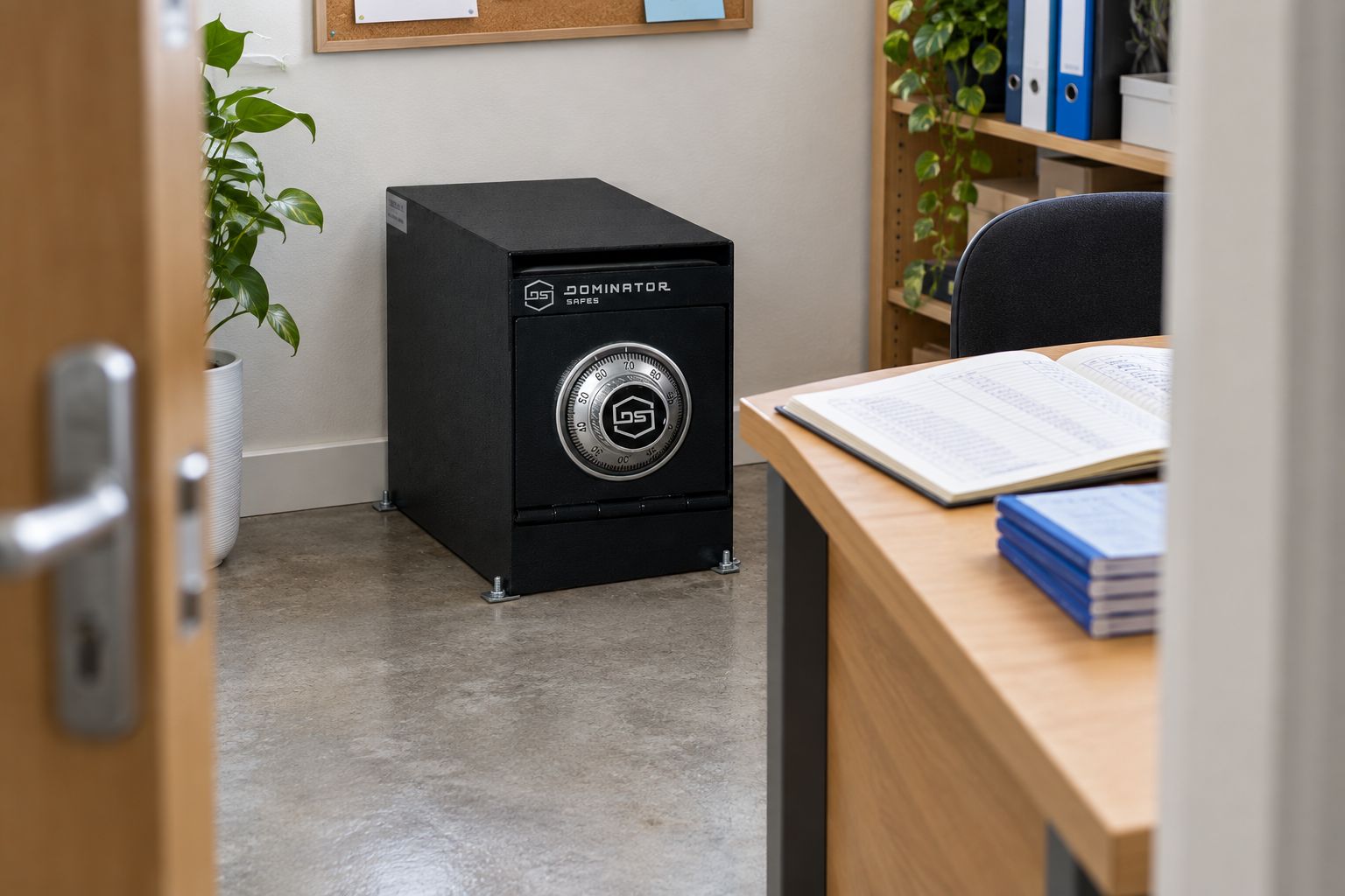 Small commercial deposit safe bolted to the floor in a charity back office
