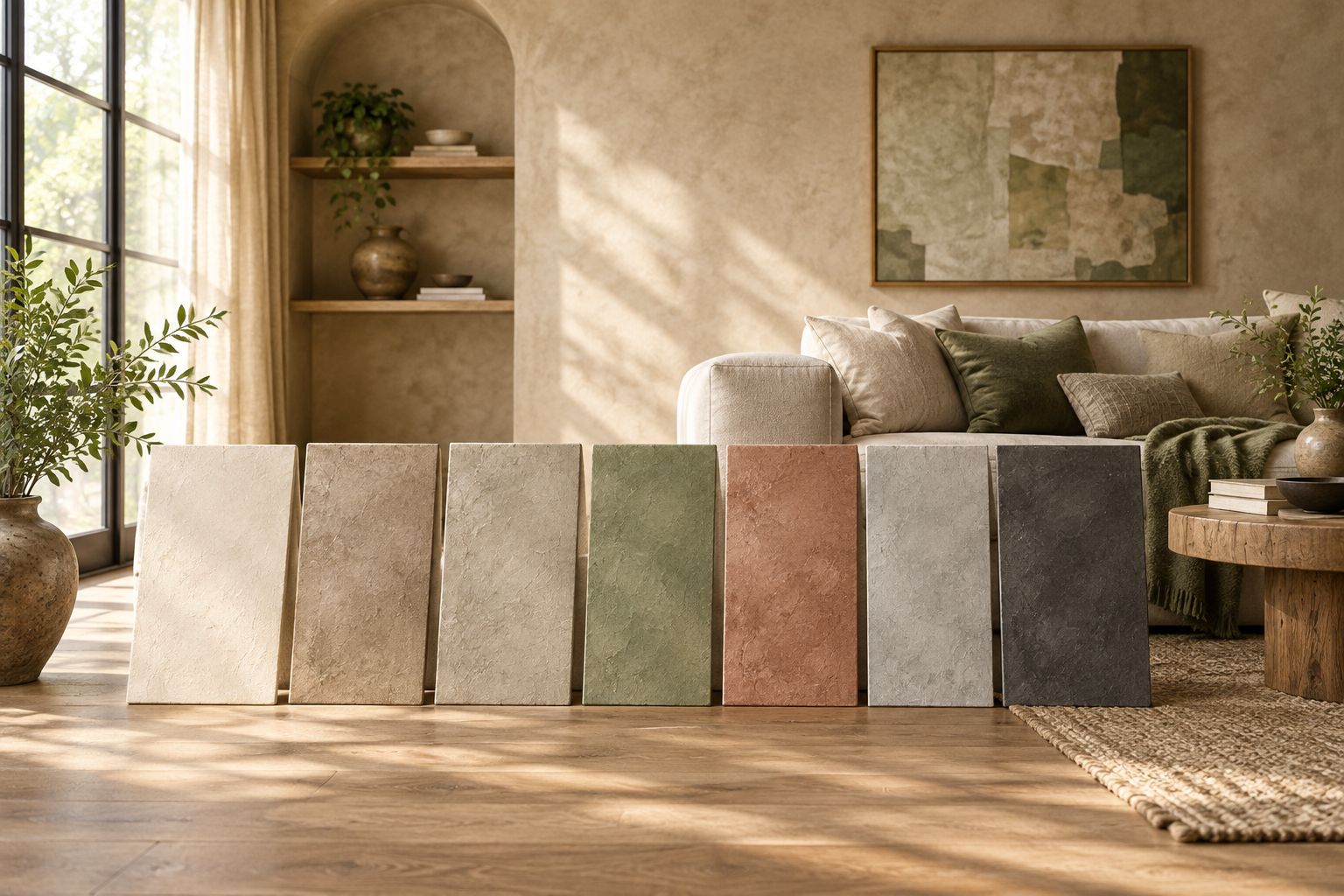 Venetian plaster sample boards beside a neutral sofa and wood flooring