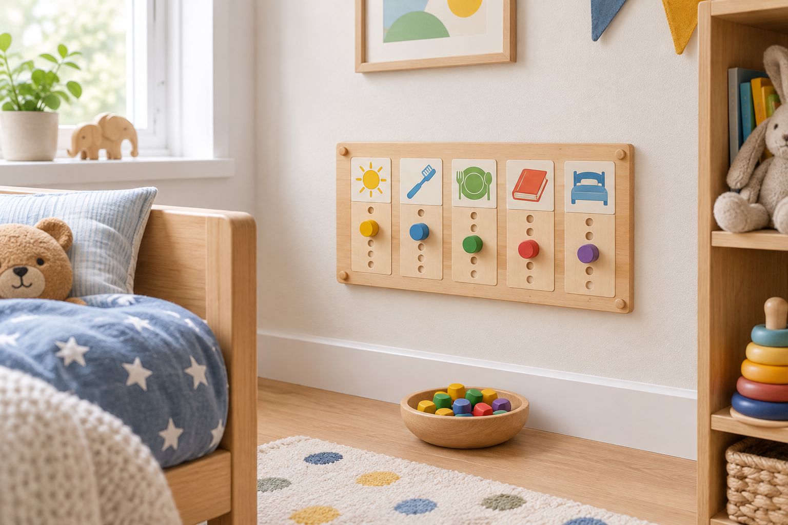 Wooden peg reward chart mounted low on a toddler's bedroom wall