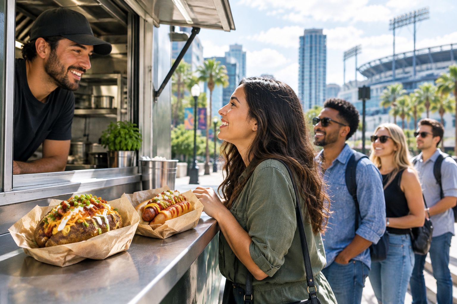 Downtown food stand counter serving a loaded potato and a dawg to a sidewalk line