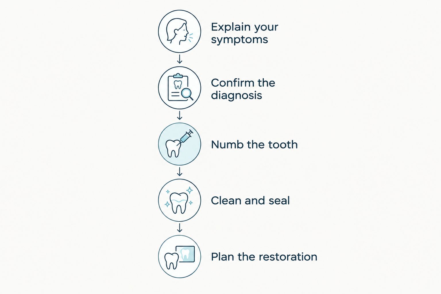 Treatment sequence from discussing symptoms and confirming numbness to cleaning and restoring the tooth.