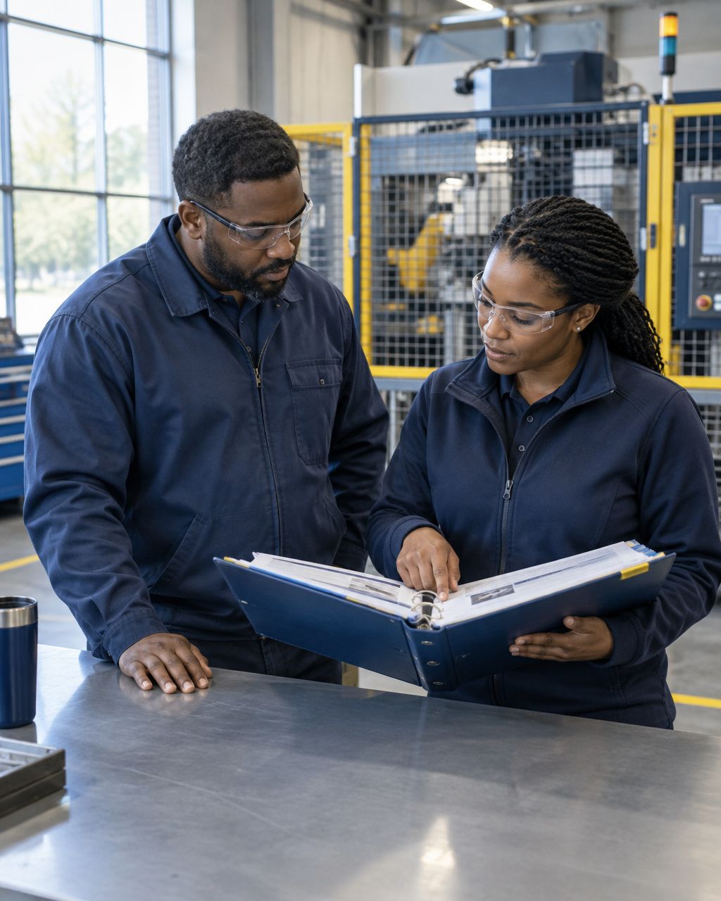 Illustrative photo of African American manufacturing staff reviewing safety procedures beside guarded equipment